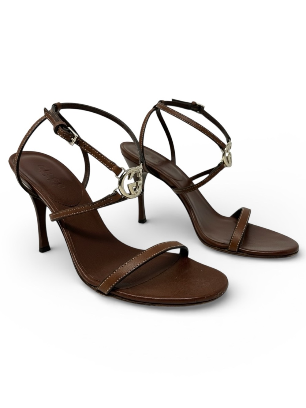 Gucci Tom Ford Era GG Logo Brown Leather Strappy Heels Sandals 37C Y2K Vintage